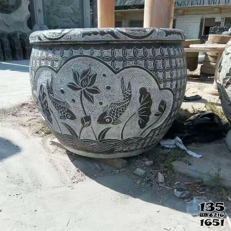 缸雕塑-青石石雕雙魚蓮花養花缸雕塑 缸雕塑-青石石雕雙魚蓮花養花缸雕塑高清圖片