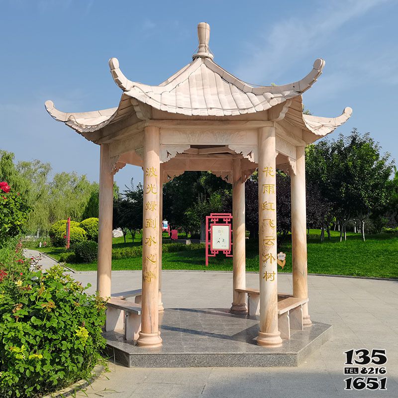 涼亭雕塑-公園廣場草坪休閑區六角晚霞紅涼庭雕塑 涼亭雕塑-公園廣場草坪休閑區六角晚霞紅涼庭雕塑高清圖片