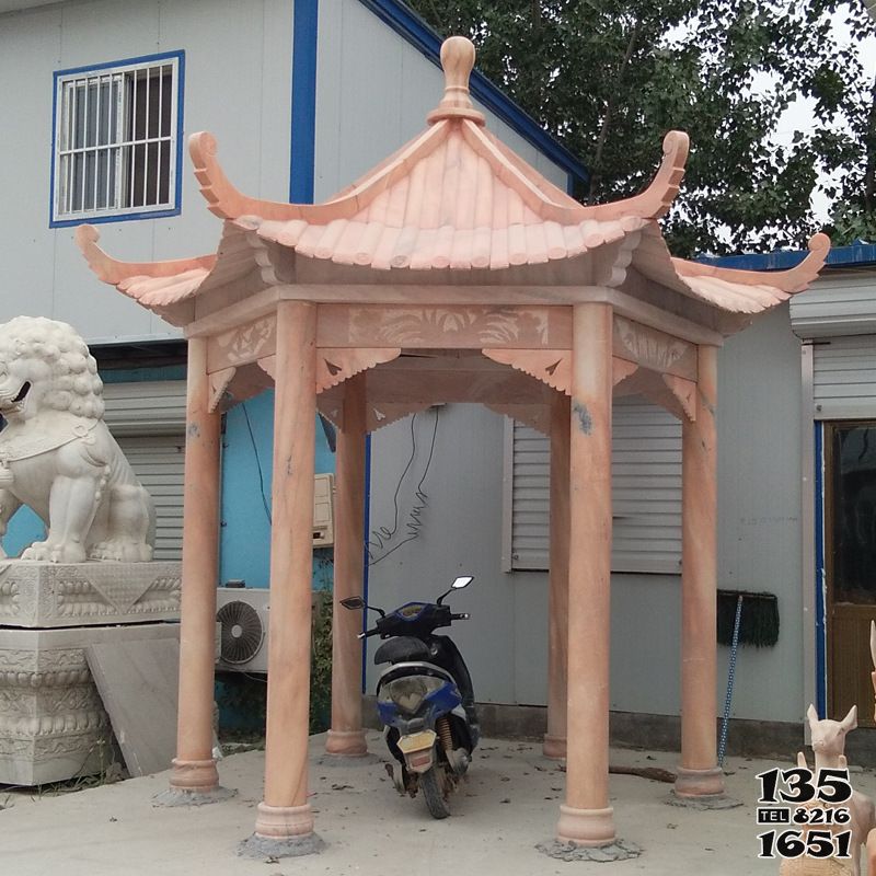 涼亭雕塑-花園草坪擺放大理石晚霞紅六角仿古建涼亭 涼亭雕塑-花園草坪擺放大理石晚霞紅六角仿古建涼亭高清圖片