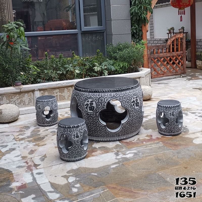 石桌雕塑-家用庭院擺放大理石黑鏤空圓鼓休閑石桌石凳 石桌雕塑-家用庭院擺放大理石黑鏤空圓鼓休閑石桌石凳