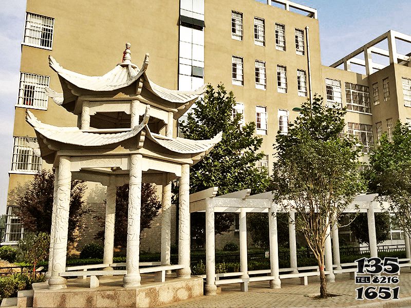 涼亭雕塑-學校花園裝飾漢白玉仿古建涼亭花架雕塑 涼亭雕塑-學校花園裝飾漢白玉仿古建涼亭花架雕塑高清圖片