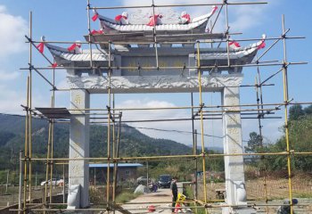 牌坊雕塑-村莊單門浮雕斗拱門樓牌坊石雕