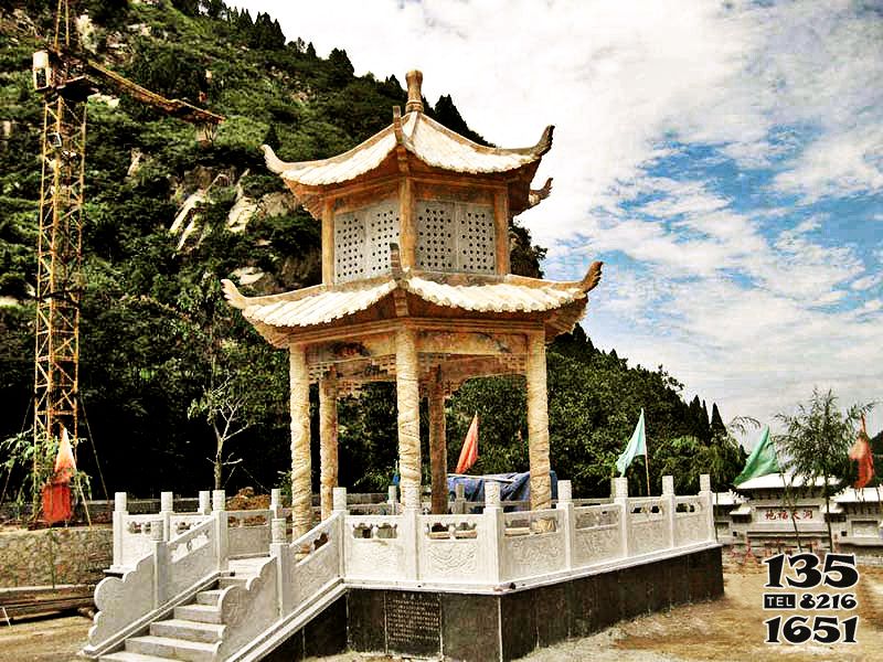 涼亭雕塑-寺廟戶外休息區擺放晚霞紅二層斗拱涼亭雕塑 涼亭雕塑-寺廟戶外休息區擺放晚霞紅二層斗拱涼亭雕塑高清圖片
