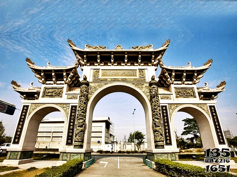 牌坊雕塑-媽祖景點三門五樓古建青石雕牌坊