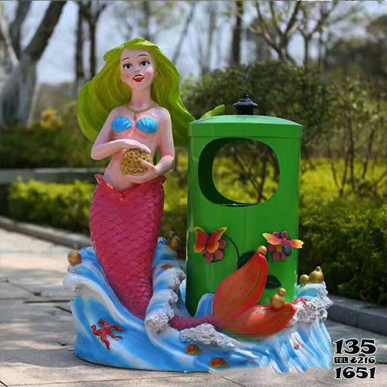 美人魚雕塑-公園街道邊帶垃圾桶的玻璃鋼彩繪美人魚雕塑 美人魚雕塑-公園街道邊帶垃圾桶的玻璃鋼彩繪美人魚雕塑