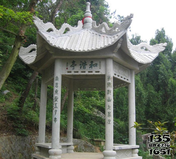涼亭雕塑-景區山頂擺放大理石六角休閑涼亭 涼亭雕塑-景區山頂擺放大理石六角休閑涼亭高清圖片