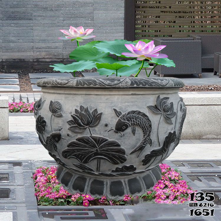 荷花雕塑-庭院青石浮雕水缸荷花雕塑 荷花雕塑-庭院青石浮雕水缸荷花雕塑高清圖片
