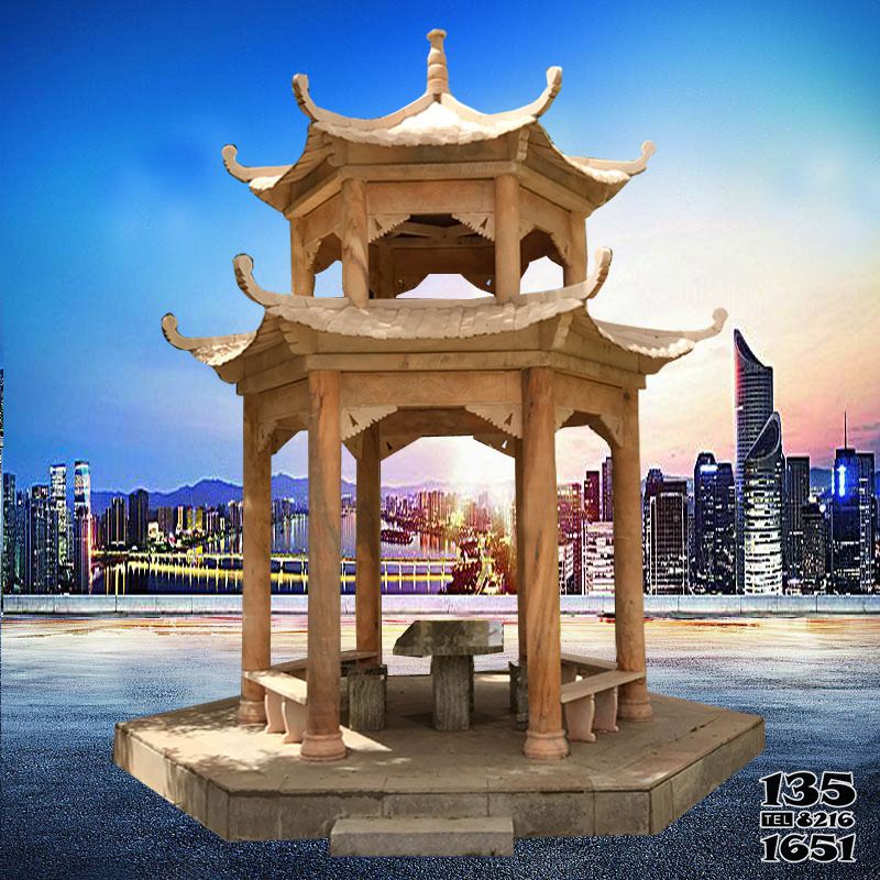 涼亭雕塑-花園廣場擺放雙層晚霞紅多角休息涼亭石雕 涼亭雕塑-花園廣場擺放雙層晚霞紅多角休息涼亭石雕高清圖片
