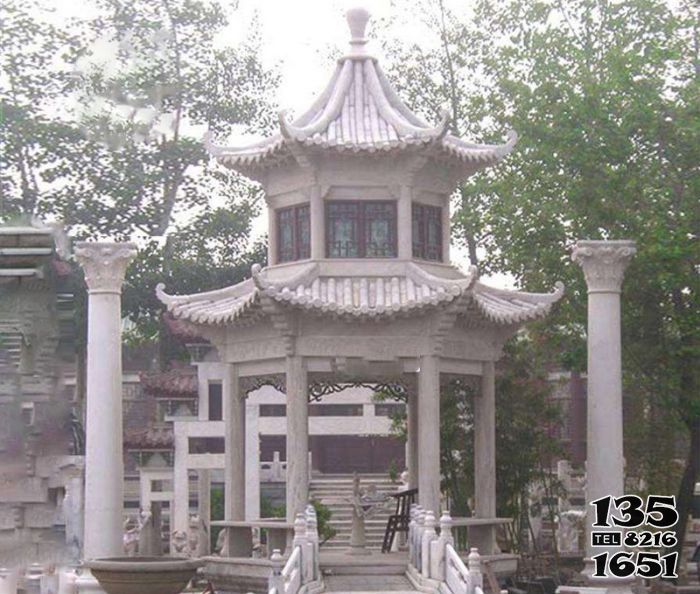 涼亭雕塑-戶外園林景區擺放大理石雙層涼亭雕塑 涼亭雕塑-戶外園林景區擺放大理石雙層涼亭雕塑高清圖片