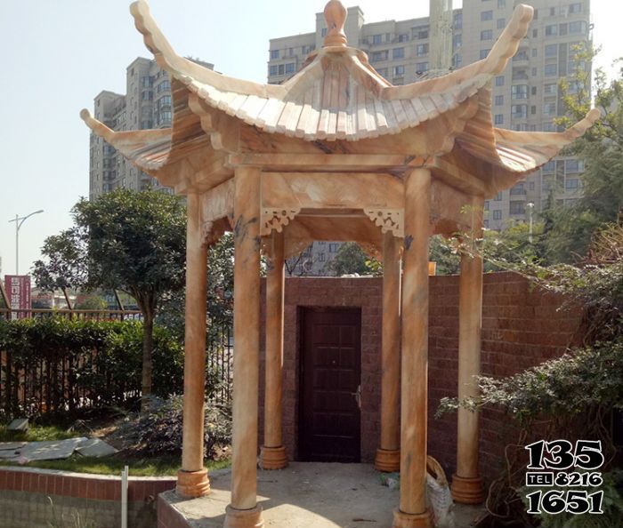 涼亭雕塑-庭院六角仿古裝飾涼亭晚霞紅石雕 涼亭雕塑-庭院六角仿古裝飾涼亭晚霞紅石雕高清圖片