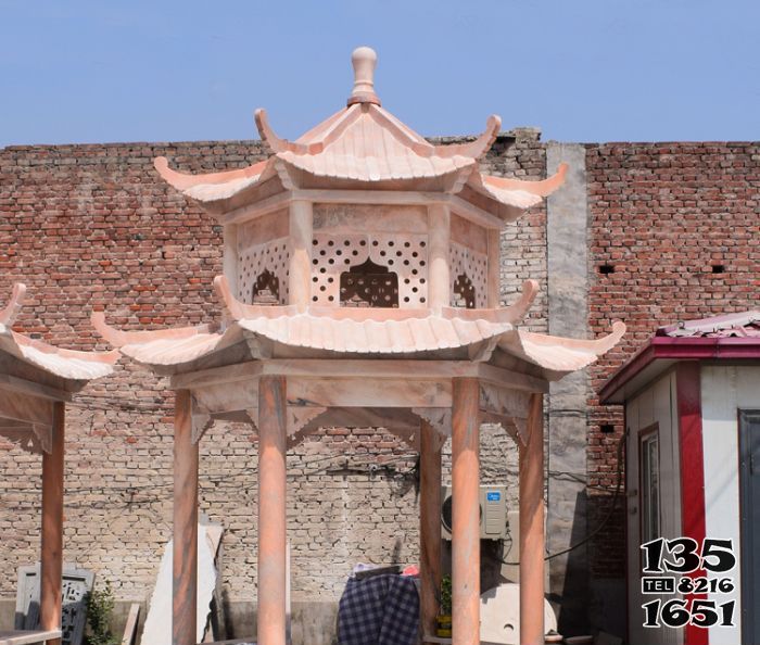 涼亭雕塑-花園庭院擺放晚霞紅雙層頂休閑涼亭 涼亭雕塑-花園庭院擺放晚霞紅雙層頂休閑涼亭高清圖片