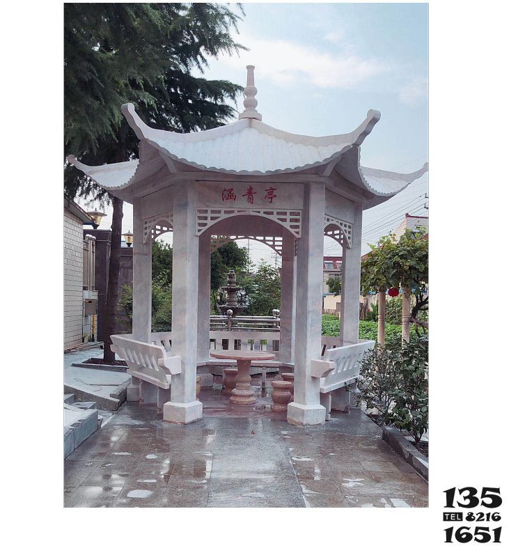 涼亭雕塑-戶外花園景觀擺放大理石仿古六角涼亭 涼亭雕塑-戶外花園景觀擺放大理石仿古六角涼亭高清圖片