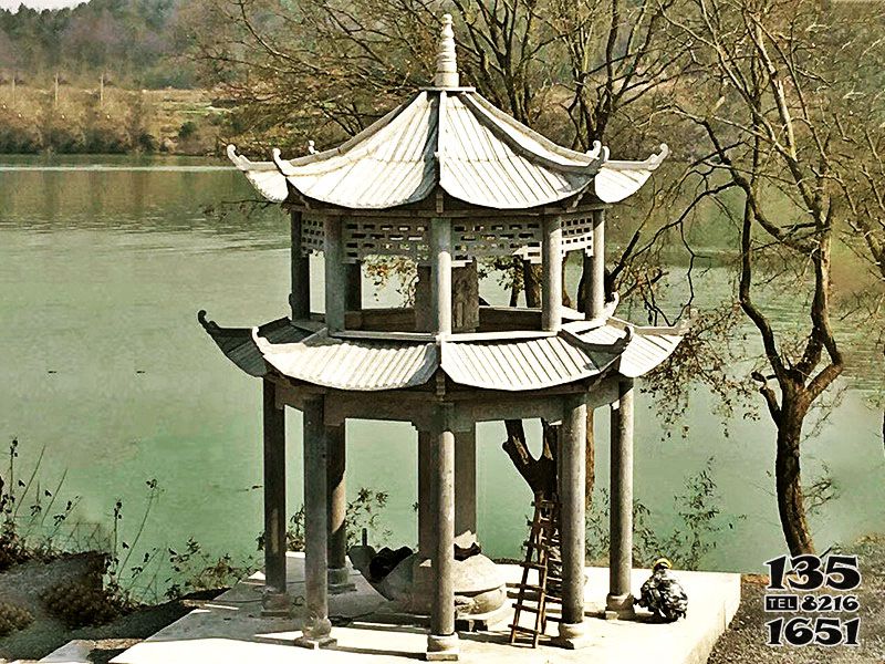 涼亭雕塑-景區湖邊青石雙層頂雕刻花紋涼亭雕塑擺件