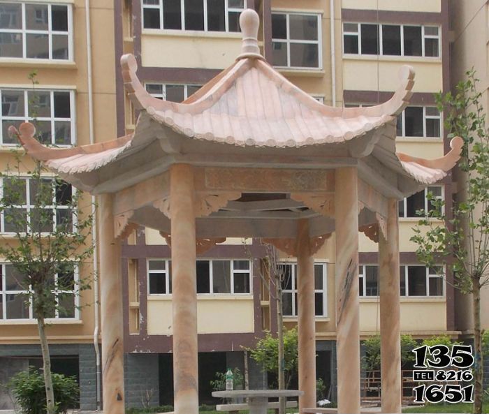 涼亭雕塑-花園小區擺放晚霞紅六角休閑座椅涼亭打水 涼亭雕塑-花園小區擺放晚霞紅六角休閑座椅涼亭打水高清圖片