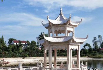 涼亭雕塑-園林湖邊觀景涼亭大理石二層石雕