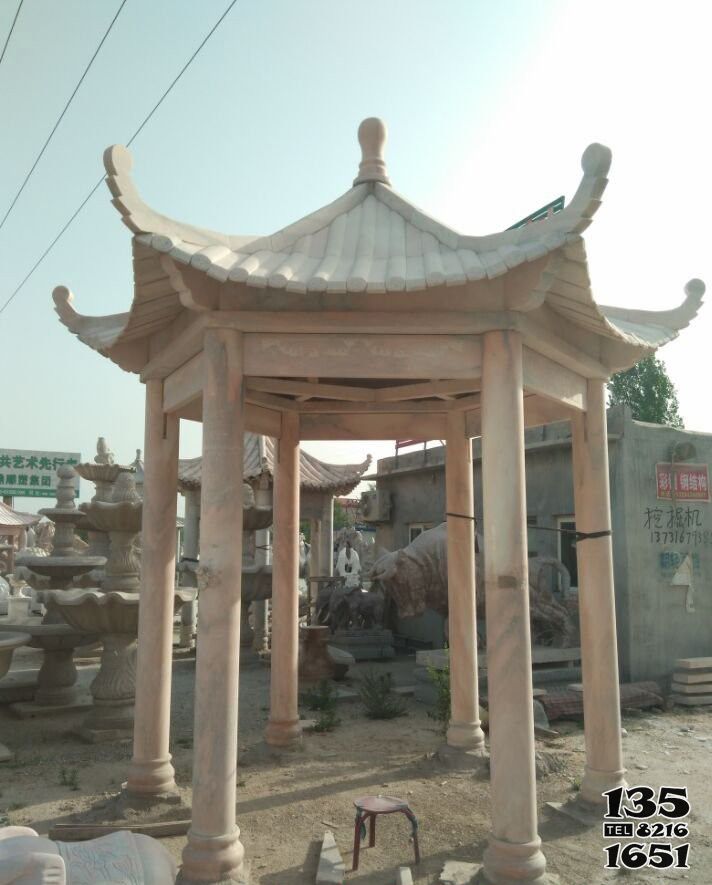 涼亭雕塑-寺院戶外景觀裝飾晚霞紅六角仿古建涼亭 涼亭雕塑-寺院戶外景觀裝飾晚霞紅六角仿古建涼亭高清圖片
