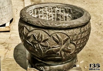 缸雕塑-大理石石雕庭院仿古做舊浮雕荷花魚缸雕塑