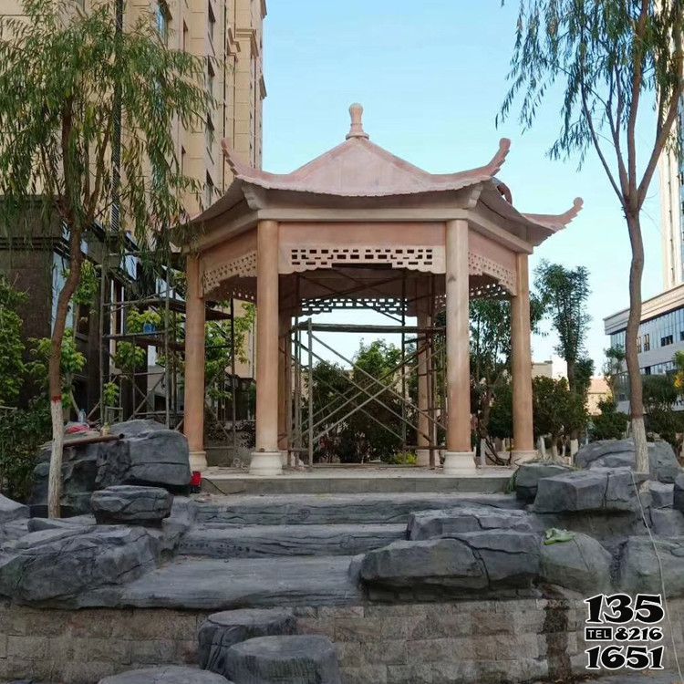 涼亭雕塑-小區(qū)花園假山休閑晚霞紅六角仿古涼亭石雕 涼亭雕塑-小區(qū)花園假山休閑晚霞紅六角仿古涼亭石雕高清圖片
