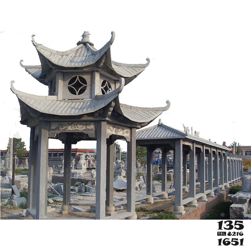 涼亭雕塑-戶外園林裝飾青石仿古建雙層鏤空長(zhǎng)廊涼亭雕塑