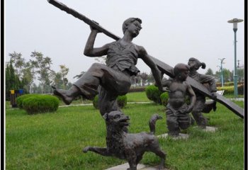 兒童雕塑-田園鄉村銅雕抬木頭奔跑的兒童雕塑