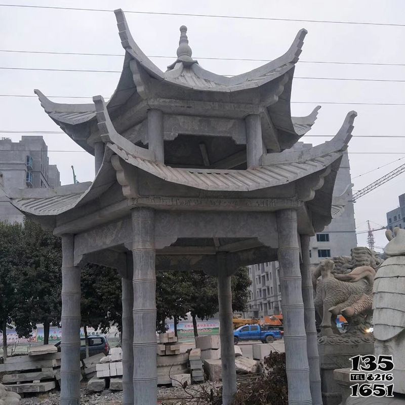涼亭雕塑-戶外園林雕刻雙層仿古青石涼亭雕塑 涼亭雕塑-戶外園林雕刻雙層仿古青石涼亭雕塑高清圖片