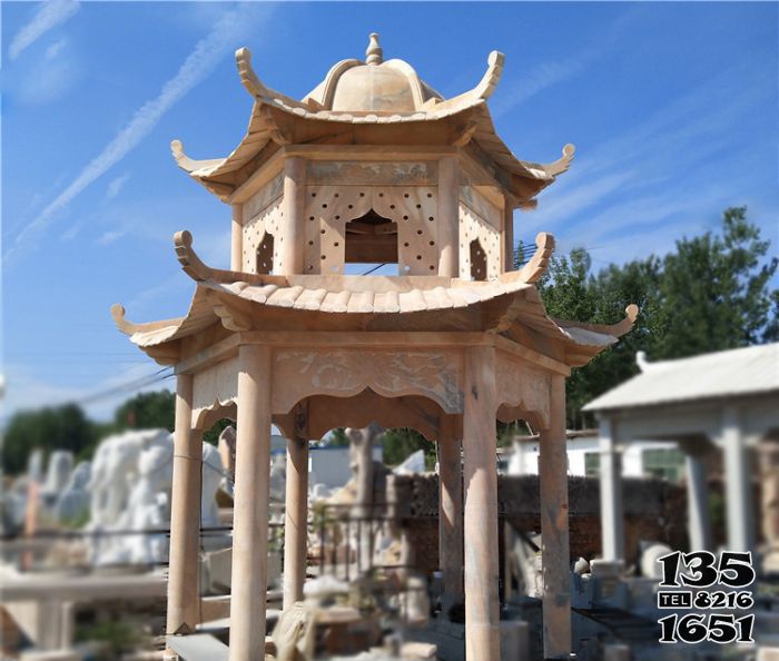 涼亭雕塑-佛教寺廟戶外擺放二層休息大理石涼亭雕塑 涼亭雕塑-佛教寺廟戶外擺放二層休息大理石涼亭雕塑高清圖片