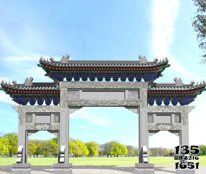 牌坊雕塑-園林景觀仿古三門石牌坊 牌坊雕塑-園林景觀仿古三門石牌坊高清圖片
