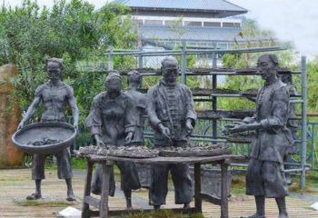 茶雕塑-公園曬茶的人物銅雕