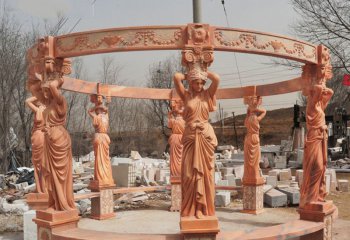 涼亭雕塑-圓形晚霞紅西方美女浮雕石柱別墅園林擺放涼亭