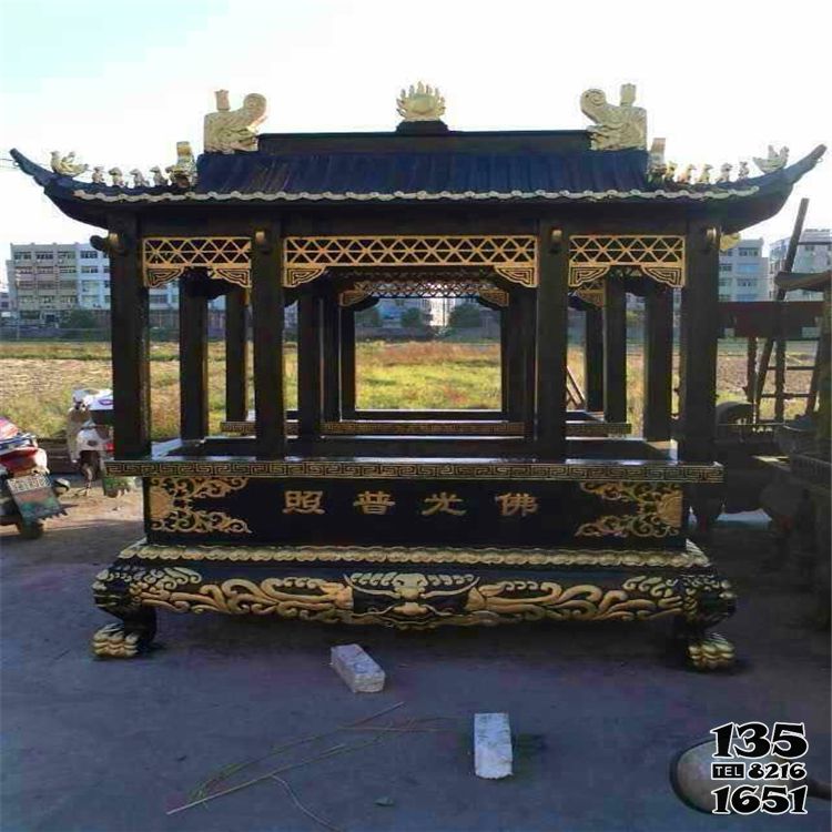 香爐雕塑-仿古八柱鑄鐵漆金帶蓋道教寺院擺放香爐