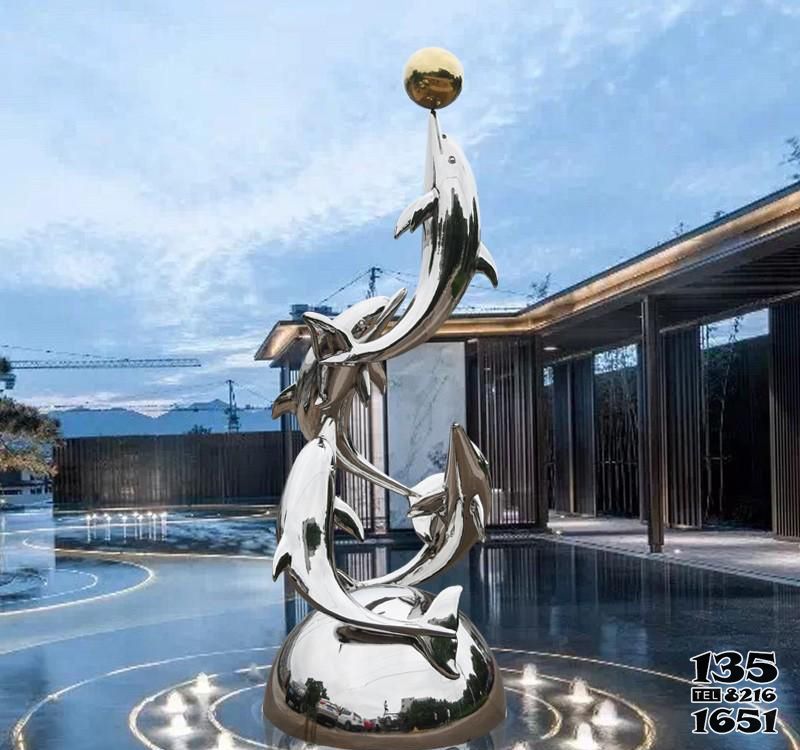 海豚雕塑-度假酒店中四只鏡面不銹鋼海豚雕塑 海豚雕塑-度假酒店中四只鏡面不銹鋼海豚雕塑高清圖片