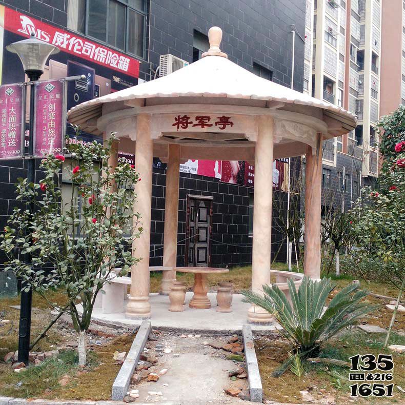 涼亭雕塑-公園簡易晚霞紅將軍亭休息座椅 涼亭雕塑-公園簡易晚霞紅將軍亭休息座椅高清圖片
