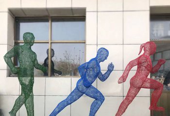 跑步雕塑-景點擺放不銹鋼網格跑步運動人物雕塑