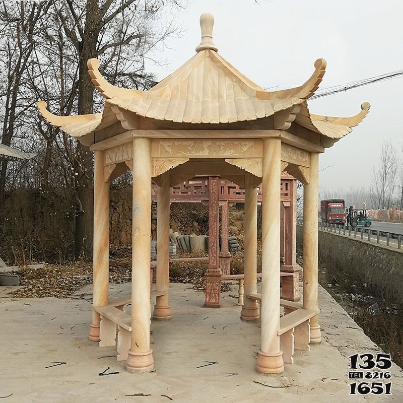 涼亭雕塑-景區廣場擺放晚霞紅六角仿古休息涼亭雕塑 涼亭雕塑-景區廣場擺放晚霞紅六角仿古休息涼亭雕塑高清圖片