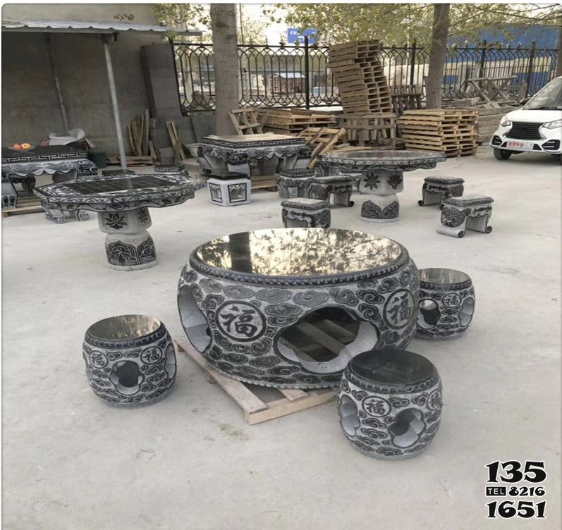 石桌雕塑-圓形別墅園林擺放鏤空大理石黑石桌雕塑 石桌雕塑-圓形別墅園林擺放鏤空大理石黑石桌雕塑高清圖片