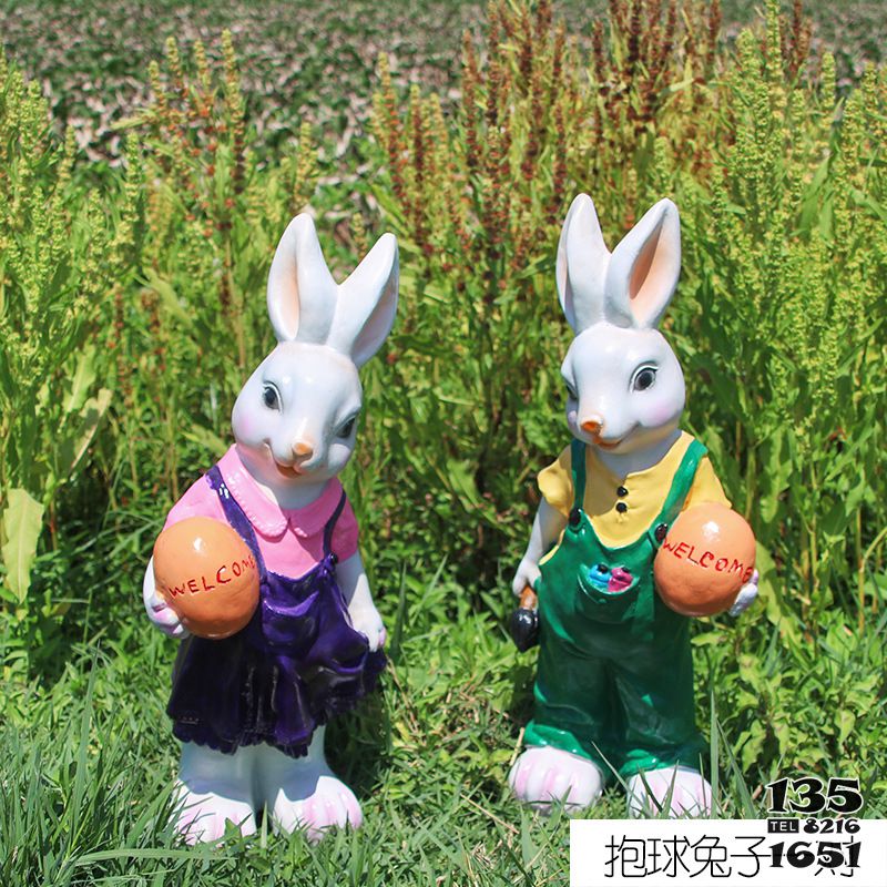 兔子雕塑-花園一對抱球彩繪樹脂兔子雕塑 兔子雕塑-花園一對抱球彩繪樹脂兔子雕塑高清圖片