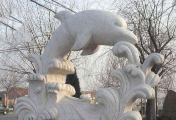 海豚雕塑-街邊公園一只大號石雕水花上的海豚雕塑