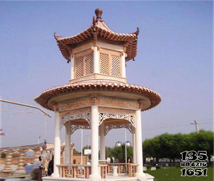 涼亭雕塑-公園草坪擺放晚霞紅鏤空雕刻休閑涼亭雕塑 涼亭雕塑-公園草坪擺放晚霞紅鏤空雕刻休閑涼亭雕塑高清圖片