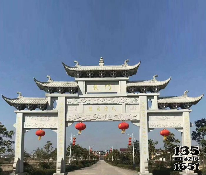 牌坊雕塑-村口三門牌樓大理石裝飾擺件 牌坊雕塑-村口三門牌樓大理石裝飾擺件高清圖片