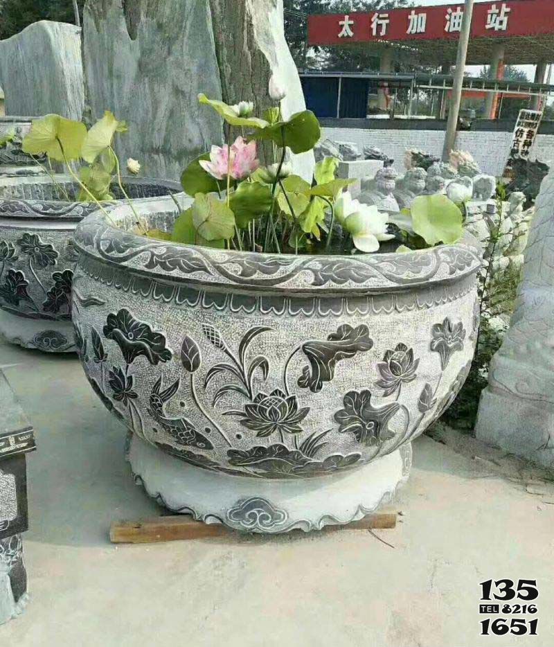 缸雕塑-仿古石雕荷花水缸 雕塑 缸雕塑-仿古石雕荷花水缸 雕塑高清圖片
