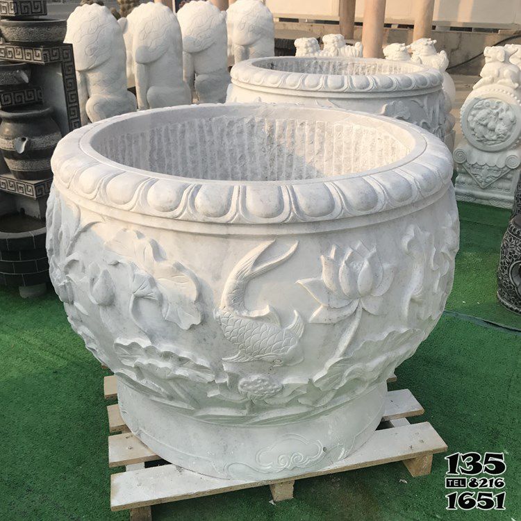 花盆雕塑-戶外漢白玉石雕浮雕荷花鯉魚花盆雕塑 花盆雕塑-戶外漢白玉石雕浮雕荷花鯉魚花盆雕塑高清圖片
