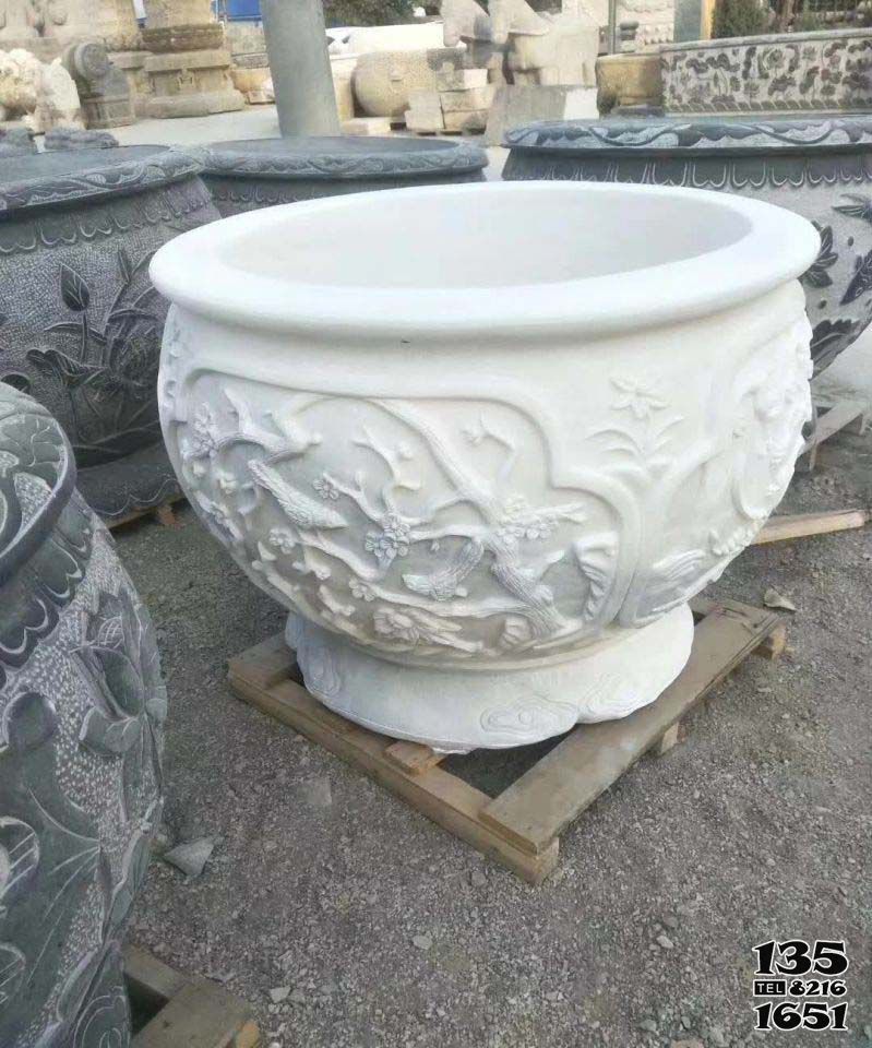 缸雕塑-漢白玉圓形水缸浮雕荷花缸雕塑 缸雕塑-漢白玉圓形水缸浮雕荷花缸雕塑高清圖片