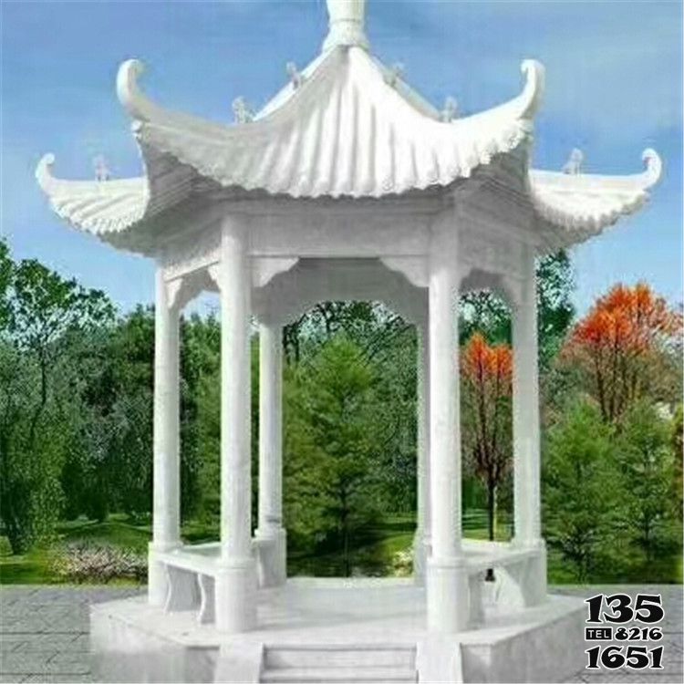 涼亭雕塑-花園裝飾擺放漢白玉六角休息涼亭雕塑 涼亭雕塑-花園裝飾擺放漢白玉六角休息涼亭雕塑高清圖片