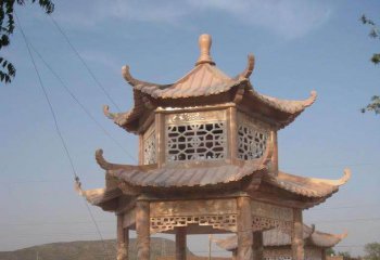 涼亭雕塑-雙層雕刻鏤空黃蠟石園林草坪擺放觀景涼亭雕塑
