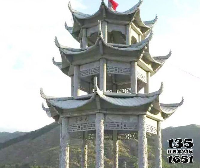 涼亭雕塑-山頂寺院戶外擺放多層頂砂巖雕刻休閑涼亭雕塑 涼亭雕塑-山頂寺院戶外擺放多層頂砂巖雕刻休閑涼亭雕塑高清圖片
