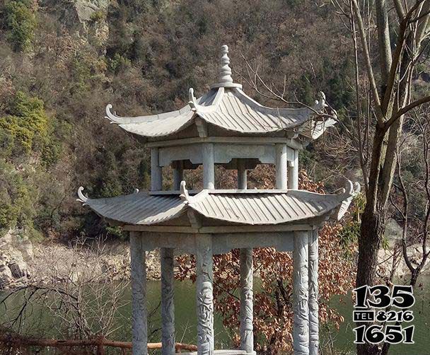 涼亭雕塑-江邊觀景區(qū)擺放雙層雕刻青石仿古涼亭雕塑 涼亭雕塑-江邊觀景區(qū)擺放雙層雕刻青石仿古涼亭雕塑高清圖片