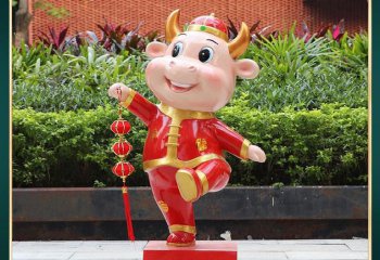 牛雕塑-庭院擺放一只紅色玻璃鋼金牛送福牛雕塑