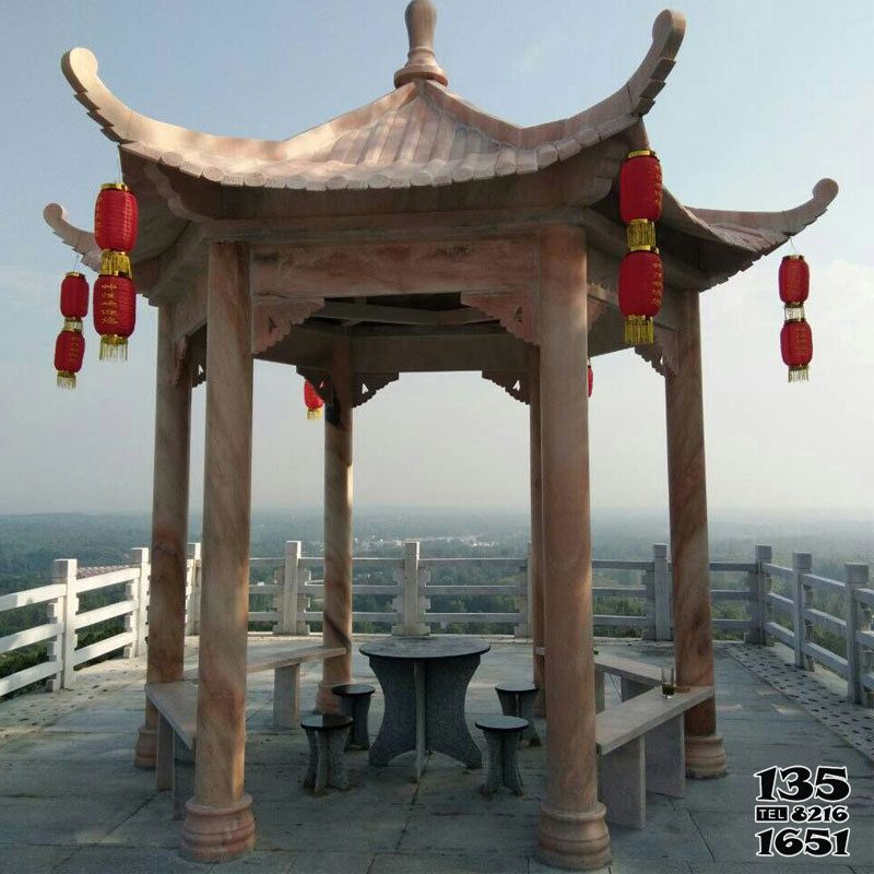 涼亭雕塑-景區山頂擺放晚霞紅六角涼亭擺件 涼亭雕塑-景區山頂擺放晚霞紅六角涼亭擺件高清圖片