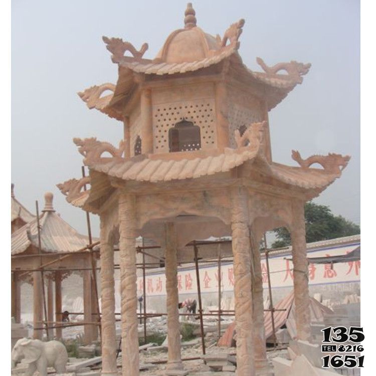 涼亭雕塑-晚霞紅浮雕雙層園林景區擺放休閑涼亭石雕 涼亭雕塑-晚霞紅浮雕雙層園林景區擺放休閑涼亭石雕高清圖片