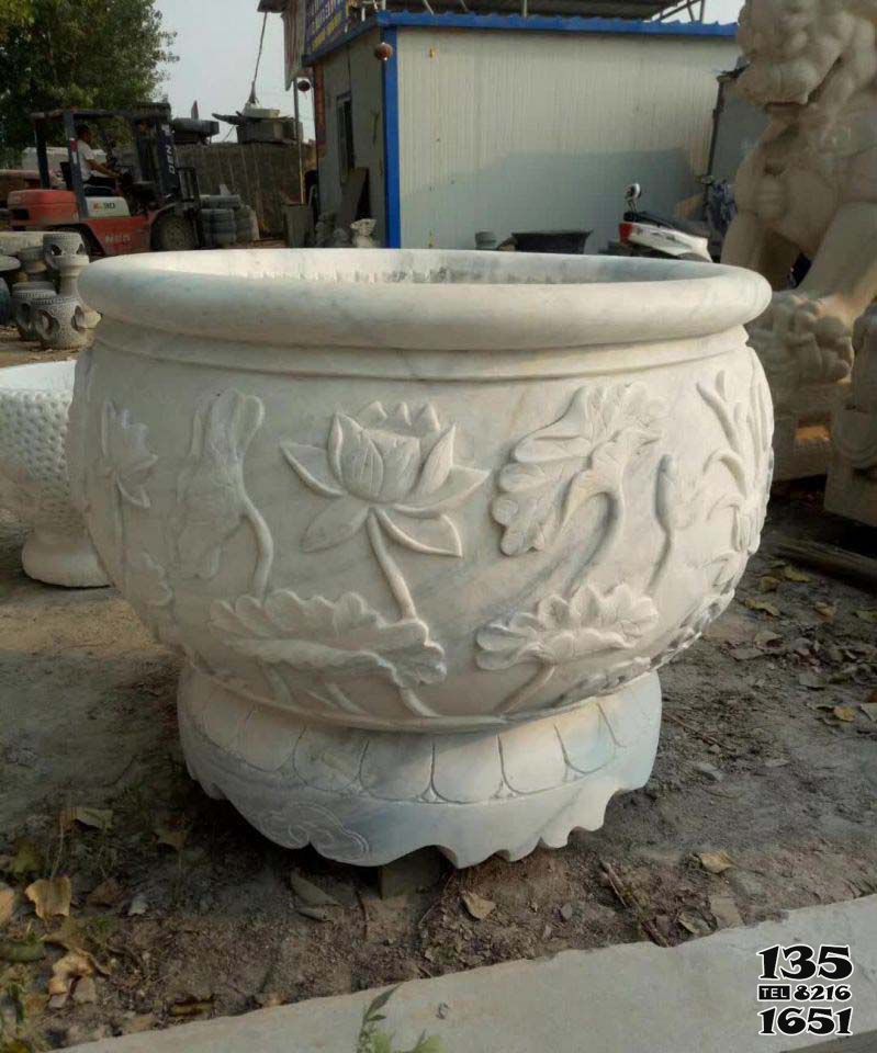 缸雕塑-別墅漢白玉荷花浮雕水缸雕塑 缸雕塑-別墅漢白玉荷花浮雕水缸雕塑高清圖片